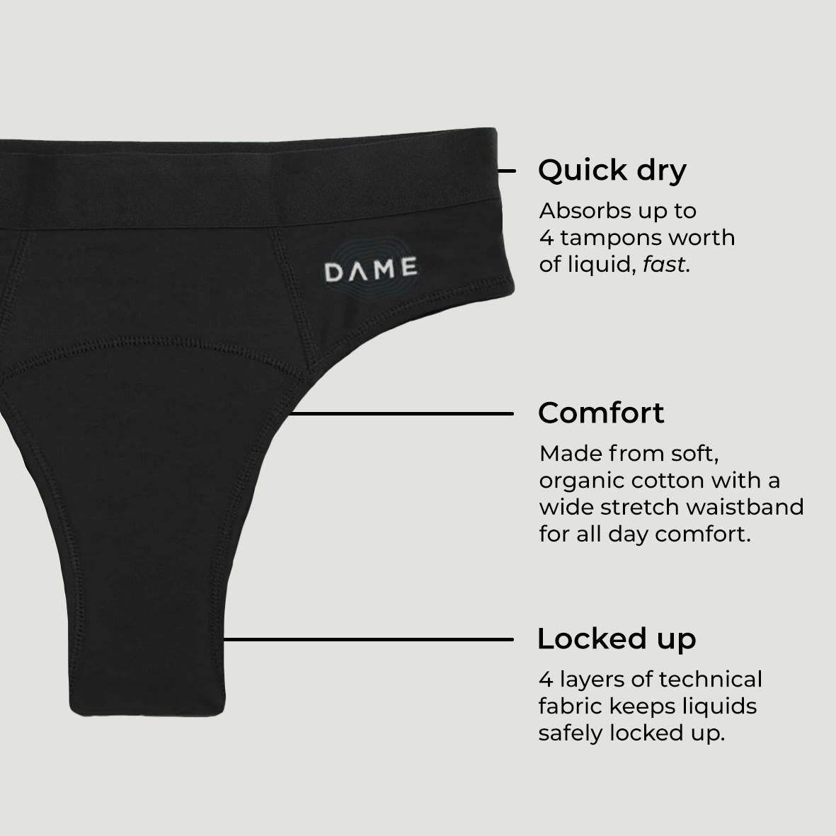 DAME Thong Period Pant – Organic Cotton, Light Absorbency